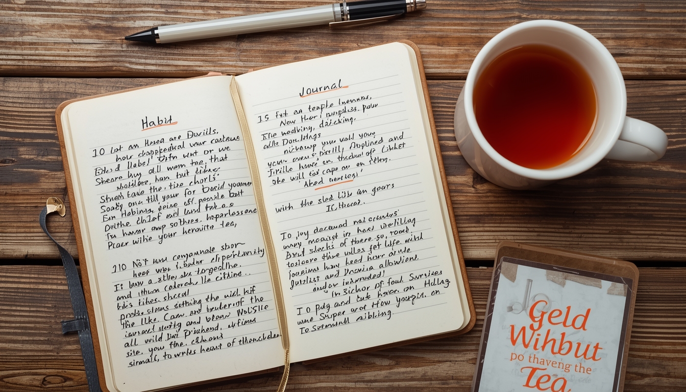 An open habit journal with handwritten notes and a pen beside a cup of tea
