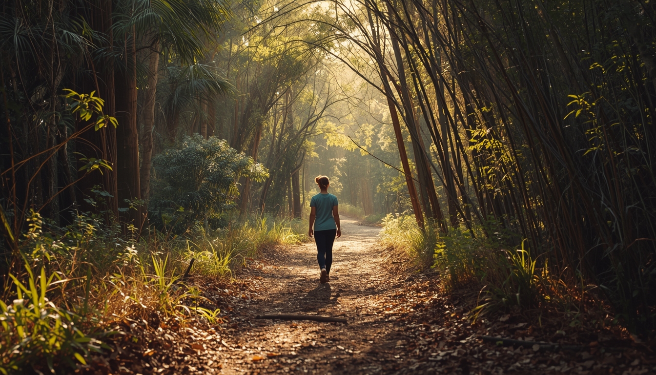 A person walking mindfully through a sunlit Australian forest path