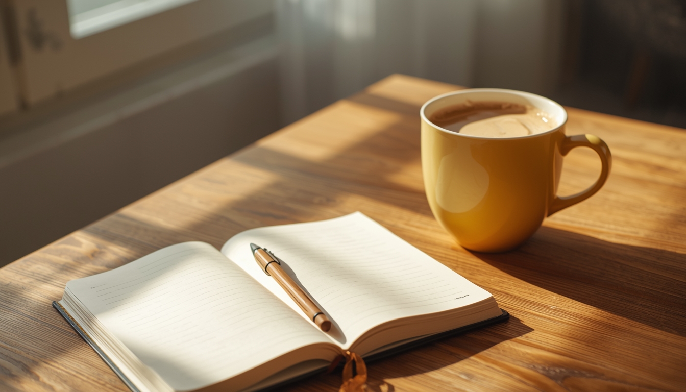 A calm morning with a journal, warm drink, and soft natural light